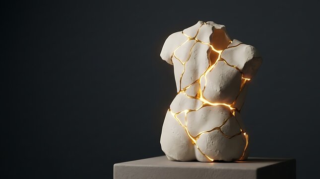 Broken classical female torso sculpture repaired with glowing golden kintsugi cracks on pedestal, dark background