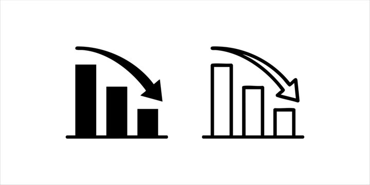 Decreasing Bar Chart Icon Set with Downward Arrow, Declining Graph Vector Symbol for Business Crisis, Financial Loss, Failure, and Bear Market