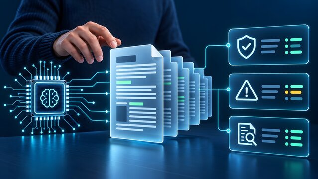 Businessman touching virtual document hologram connected to microchip representing artificial intelligence data processing and secure file management