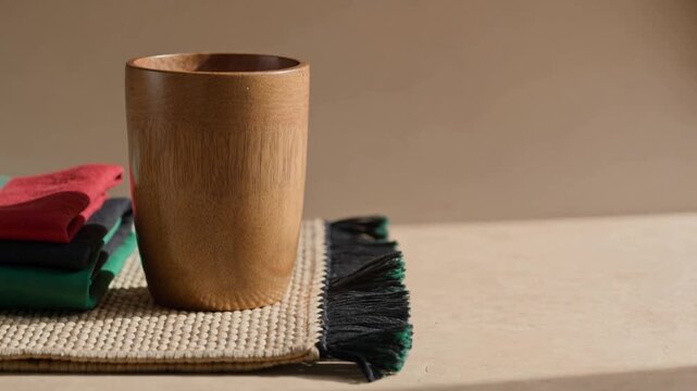 Wooden cylindrical container on a light tabletop