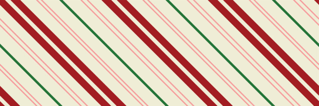 Stripe Cane Seamless Pattern. Red Green White Wide Diagonal Stripes. Candy Christmas Gift Paper Texture. Vintage Peppermint Holiday Background. Festive Minimal Nordic Graphic Print Wrapping Wallpaper.