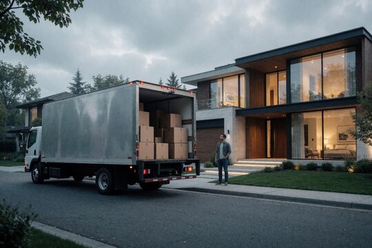 Man stands near large moving truck parked on street in front of modern luxury house. Cardboard boxes inside cargo area ready for unloading. Relocation process at contemporary residential home during
