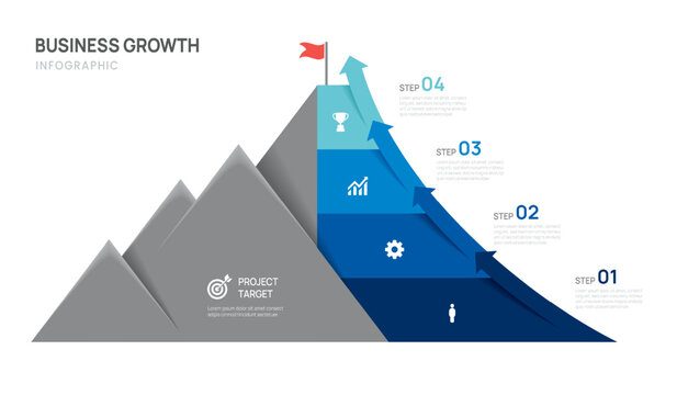 4 Step mountain success infographic template arrow Steps success strategy and financial growth process. presentation vector infographics.