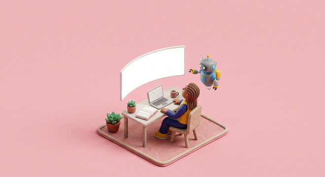 Woman working at office desk with curved blank monitor and floating artificial intelligence robot. Corporate employee collaborates with virtual assistant for smart workflow and digital automation. Cla