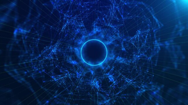 Fine luminous rays fan out from a circular blue opening, tangled wireframe lines connection points. vivid center and deep navy edges give this abstract tech visual depth for tech title sequences, data