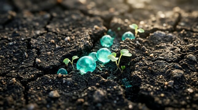 A symbolic depiction of frozen soil crack climate change features tiny green sprouts emerging alongside glowing aqua water beads nestled inside the dry, fractured earth terrain