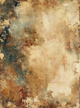 Weathered beige parchment surface with peeling teal and rust patches