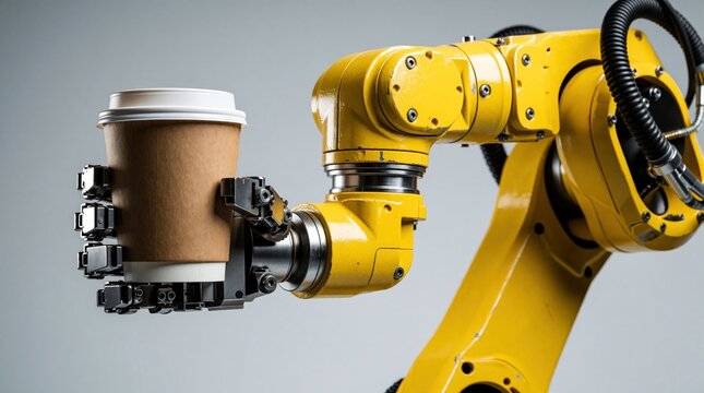 Yellow industrial robotic arm holds brown disposable coffee cup with white lid. Mechanical machine hand carries hot drink in cafe factory setting. Modern automation technology concept shows smart