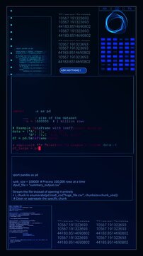 Blue framed windows show programming text, small data tables, visible control blue screen. composition coding, dataset processing, analytics interfaces, assistant concepts for technology presentations