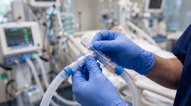 extreme close-up of a respiratory healthcare professional's blue nitrile gloved hands holding a sterile ventilator circuit Y-connector, transparent medical-grade polymer with multiple smooth ports
