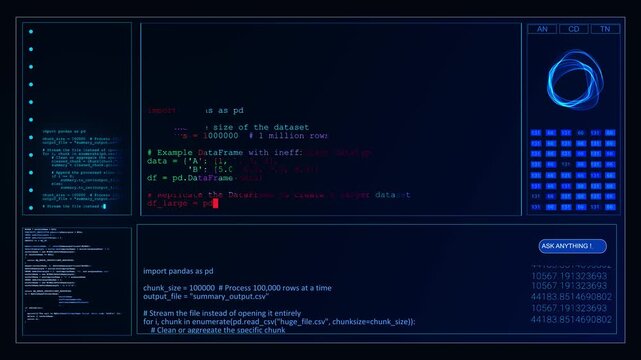 Blue software dashboard presents code fragments, dataset tables, interface panels. button adds assistant theme. visuals about data analysis, programming workflows, automation, digital tools.