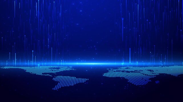 Bright points form world map glowing grid, lines fill the blue scene. broad view technology presentations global visual context for digital networks, worldwide communication, business, data concepts.