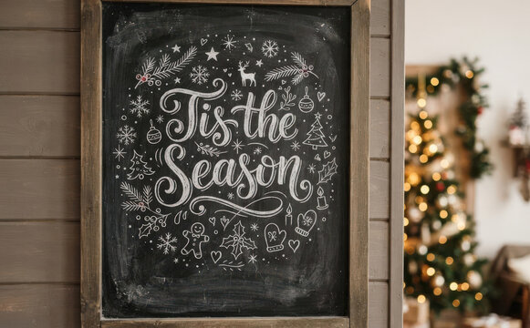 Christmas chalkboard sign with Tis the Season lettering and holiday decor for festive winter home interior design and seasonal greeting concepts