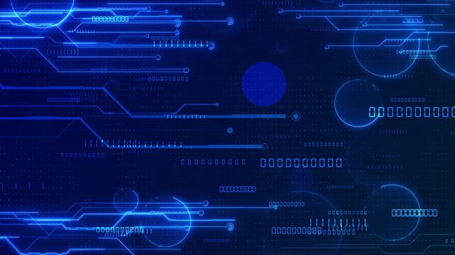 A deep blue technological field combines luminous connections, circular interface shapes, digits. center details work electronic communication, network stories, corporate abstract data graphics.