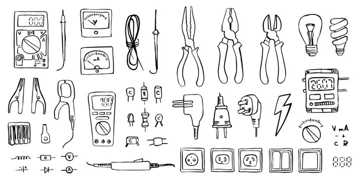 Electrical engineering equipment. Electricity repairing decoration.   Hand drawn vector design elements collection.