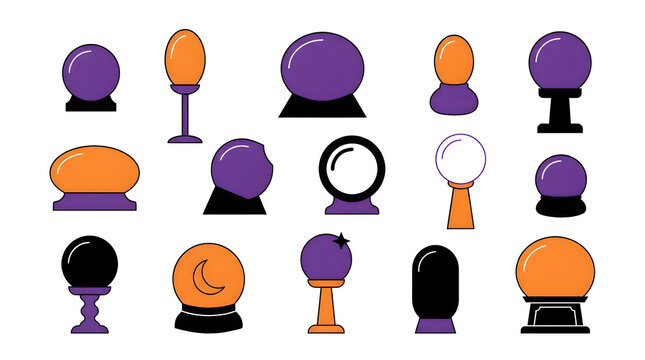Set of minimalist Halloween crystal balls and mystic fortune teller orbs in flat orange, purple, and black vector style icons
