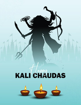 Happy Kali Chaudas and Naraka Chaturdashi and choti diwali  Vertical Flyer Banner with Goddess Kali Silhouette, Temple Skyline and Burning Diyas Vector