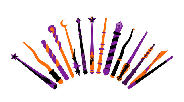 Set of halloween magic wands with purple and orange colors arranged in a fan shape isolated on a plain white background for design