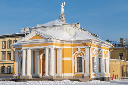 The historic building of the Boat House in the Peter and Paul Fortress on a sunny January day. Saint Petersburg.
