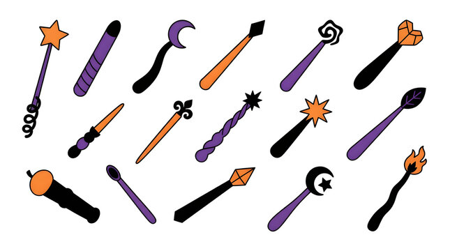 Set of Halloween magic wands with mystical symbols and festive colors in a flat hand drawn illustration style