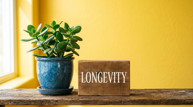 Longevity wooden block with potted plant on shelf yellow background life concept