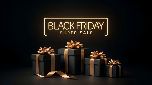 Black Friday super sale banner, glowing neon typography banner, elegant gift boxes with gold ribbons on dark background