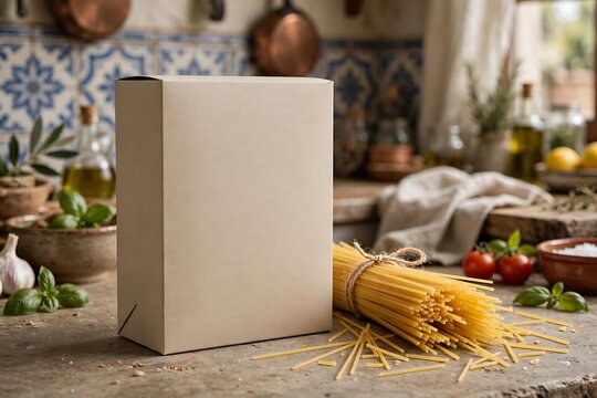 Blank pasta box mockup with dry spaghetti beside, italian kitchen
