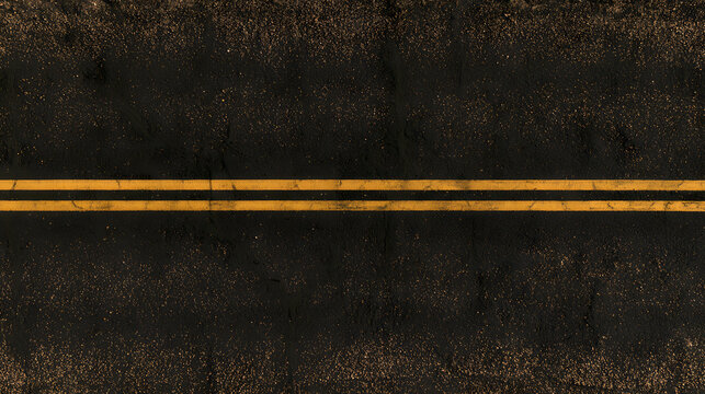 A top perspective of a road paved with asphalt and yellow dividers