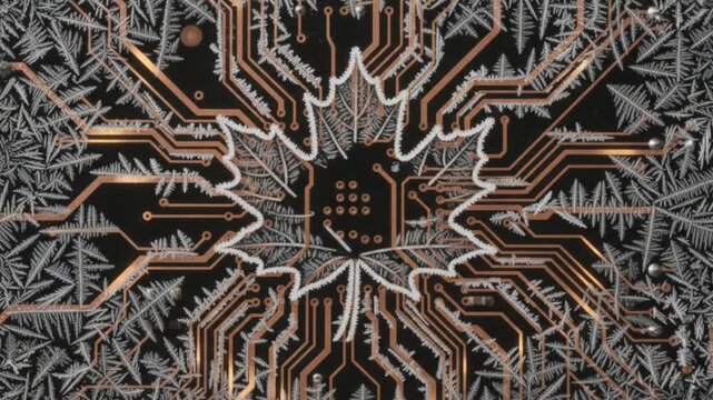 Frost Crystals Blooming On Circuit Board Forming Maple Leaf Pattern Tech VFX