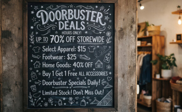 Chalkboard sign announcing storewide doobuster deals and discounts in a boutique retail shop