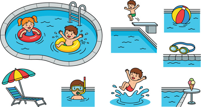 Cartoon Kids Swimming Pool Vector Set with Children Splashing, Diving Board, Inflatable Rings, Beach Ball, and Lounge Chair for Summer Vacation Designs
