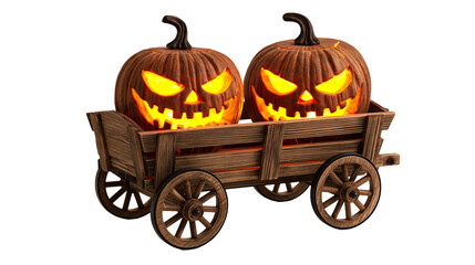 Two glowing carved jack-o-lantern pumpkins inside a rustic wooden cart © darietta