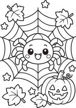Black and white vector Halloween coloring page featuring a cute cartoon spider in a web with a jack o lantern pumpkin, autumn leaves, and stars