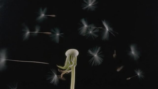 Dandelion Seeds Blowing in the Wind on Black Background, Nature Macro Photography