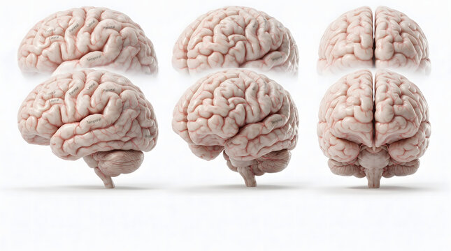 Multiple views of a realistic human brain model showing anatomical lobes and structures isolated on white background