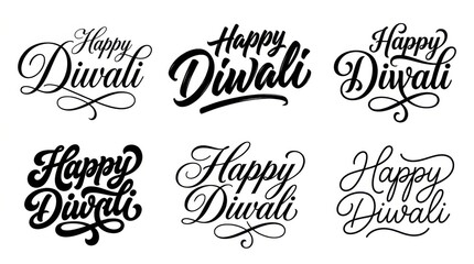 Happy Diwali calligraphy lettering set featuring six unique black hand drawn script typography styles © Rose