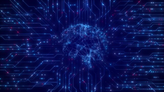Fine lines light nodes brain silhouette circuit traces spread background. offers a visual metaphor for cognition, connected systems, research, AI, machine learning, advanced computing presentations.