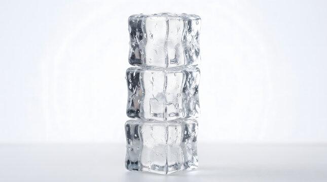 A vertical stack of three clear ice cubes isolated on white background