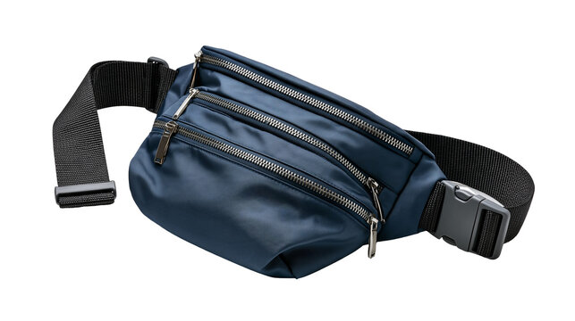 Navy blue nylon waist bag with multiple zippered compartments and black strap