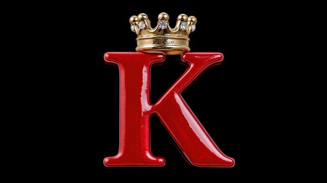 Bold red glossy letter k with gold crown on black background