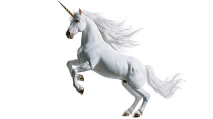 Majestic white unicorn with flowing mane and golden horn rearing up © darietta