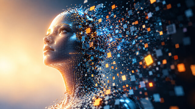 AI generated futuristic digital human dissolving into glowing data particles pixel cubes blue orange light symbolizing artificial intelligence transformation virtual identity