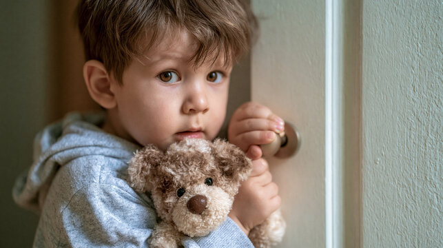Young boy feeling scared and vulnerable, clutching his teddy bear and peeking from behind a door, experiencing childhood fear, insecurity, and anxiety at home, copy space