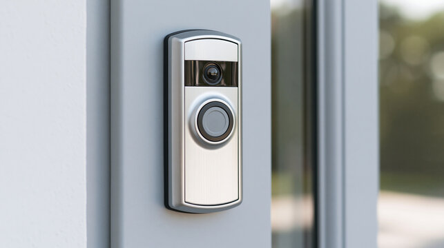 Smart doorbell with integrated camera providing home security and surveillance, monitoring front door activity, protecting residents with advanced intercom technology