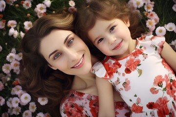Naklejka premium Mother and daughter are relaxing on green grass surrounded by delicate pink and white cosmos flowers, sharing a loving embrace and enjoying a moment of happiness outdoors