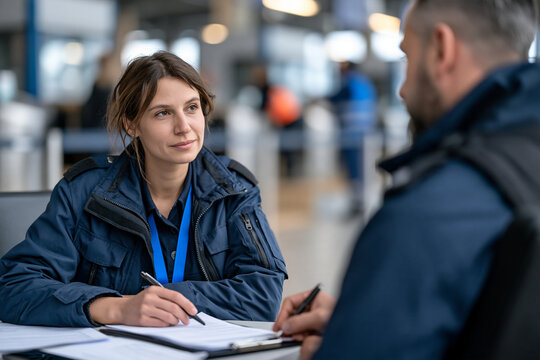 Security personnel discussing important security procedures and reviewing paperwork, ensuring safety and compliance in a professional workplace environment