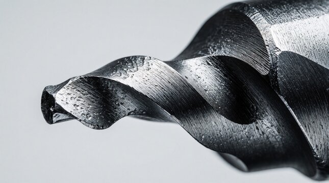 Extreme close up of worn steel drill bit. Metal tool tip shows texture, scratches from heavy industrial use. Hardened metal hardware for drilling, cutting in workshop. Engineering equipment used in