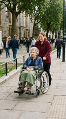 Obraz premium Caring companion pushing elderly woman in wheelchair down city sidewalk during daytime stroll
