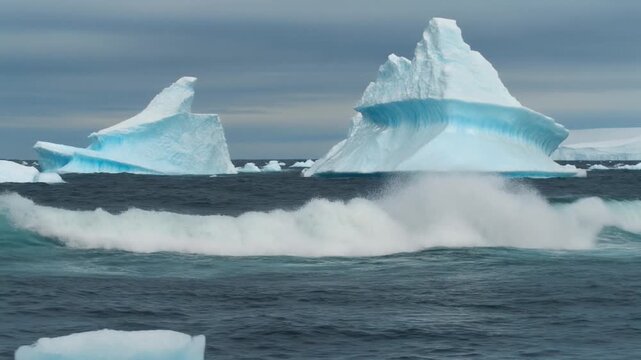 Majestic Icebergs Floating in Antarctic Ocean with Crashing Waves