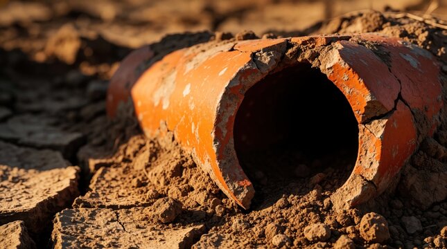 Close up of broken orange ceramic drainpipe on dry cracked earth. Old clay tube lies exposed in dirt. Weathered sewage conduit shows heavy damage, decay. Ground texture rough, parched in rural